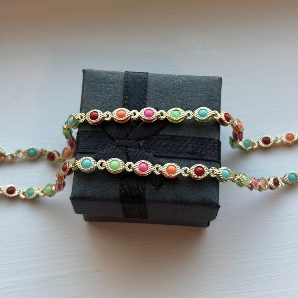 Gold Plated Rainbow Beaded Station Necklace Colorful Dainty Chain NWT - Picture 10 of 10